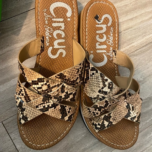 Circus Sam Edelman Burnett Slides Sandal 8 Snakeskin Print Slip On Wedge Brown - Picture 7 of 9